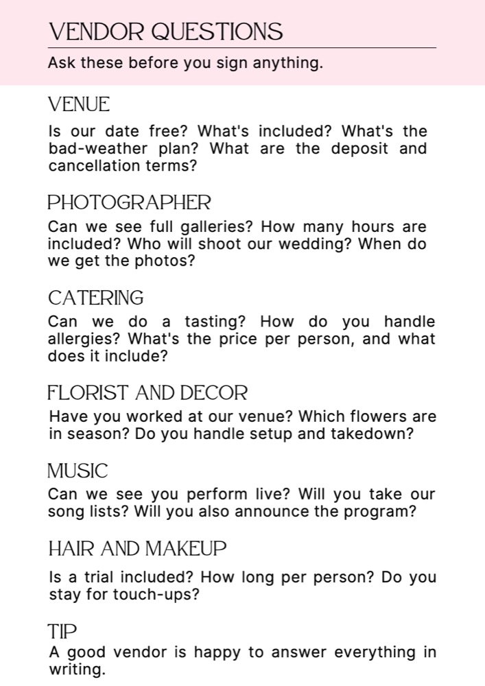 Vendor questions page for venue, photographer, catering, florist, music and hair and makeup