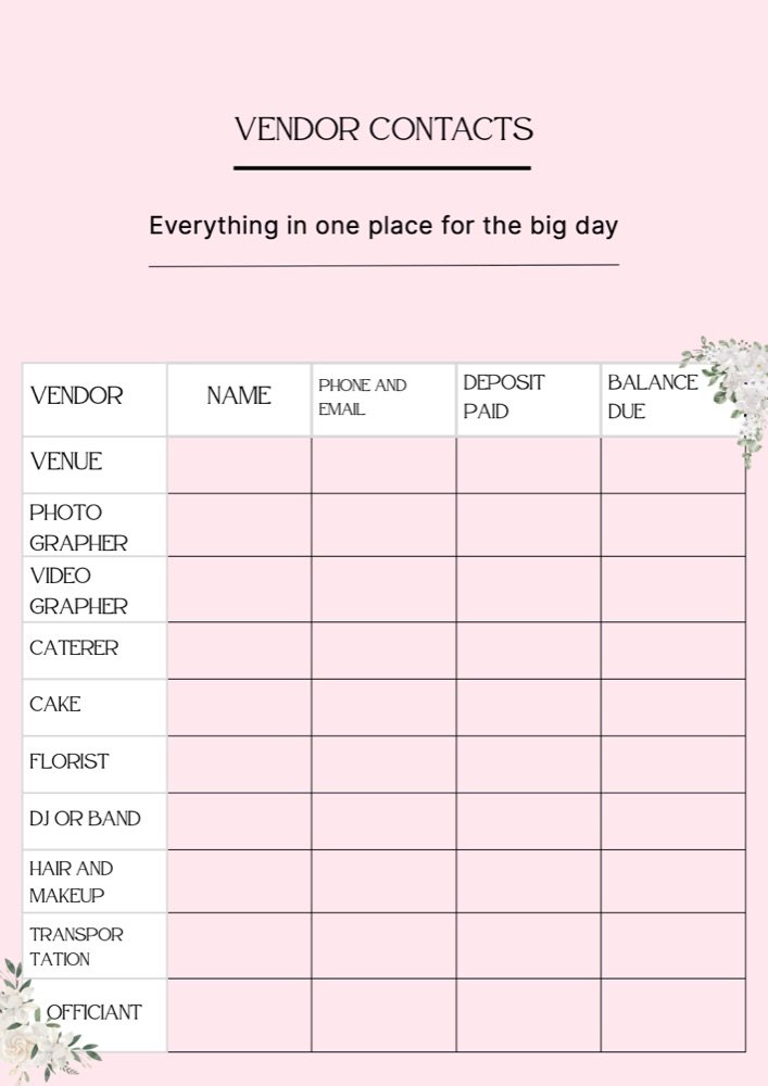 Printable vendor contacts worksheet